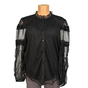 Calligraphie Sheer Black Ruffle Neck Button Up Long Sleeve‎ Top Women Size Large